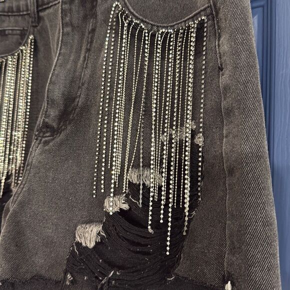 Pink Lily Black Rhinestone Fringe Festival Shorts Size Small - Picture 2 of 5